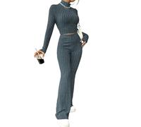 Greabuy 3 Stretchy Women ' s Two-Piece Loungewear, Long Sleeve Knitted Crop Top & Jogger Pants, Home Comfort Set Lounge Pants