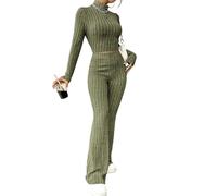 Greabuy 3 Stretchy Women ' s Two-Piece Loungewear, Long Sleeve Knitted Crop Top & Jogger Pants, Home Comfort Set Lounge Pants