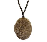 Greabuy Engraved Flower Pattern Locket Necklace Oval Shape Clavicle Chain Photo Box Necklace Jewelry for Women Girl