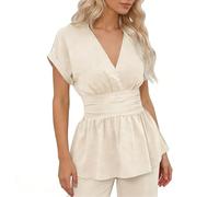 Greabuy Women ' s Elegant Wrap V Neck Ruffle Flared Blouse Rolled Short Sleeve Ruched Shirred Trendy Shirt Fitted Peplum Top Casual Women ' s Wear