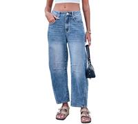 GREAIDEA Mid Rise Barrel Jeans for Women Wide Leg Mid Waist Cropped Denim Pants Y2k Baggy Boyfriend Jeans with Pockets, Medium Blue, M