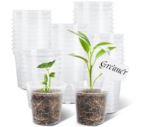 GREANER 60 Packs Clear Plant Nursery Pots, 3 Inch Plastic Pot with Drainage Holes, Reinforced Flower Seed Starter Pot for Indoors Outdoor Plants with 20 Plant Labels - Transparent