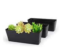 GREANER Black Rectangle Window Boxes, 3 Pack 12x3.8 Inch Herb Planters with Tray, Indoor Succulent Cactus Mint Plastic Pot for Windowsill, Garden Balcony, Office Outdoor Decoration