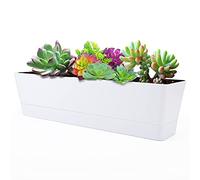 GREANER Large Window Boxes Planters, 1PCS 16x3.8 Inch White Vegetable Herb Planters with Tray, Indoor Succulent Cactus Flowers Plastic Rectangle Pot for Balcony, Office, Garden, Outdoor, Windowsill