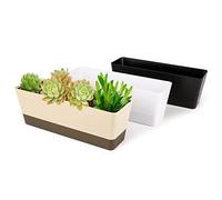 GREANER Window Boxes, 3 Pack 12x3.8 Inch Mixed Color Rectangle Herb Planters with Tray, Indoor Succulent Cactus Plastic Saucer Pot for Windowsill, Balcony, Office, Outdoor Garden (Black, White, Beige)
