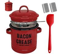 Grease Container - Enamel Oil Storage Jar With Fine Mesh Strainer, Bacon Fat Filter Pot, Reusable Kitchen Drippings Keeper | Cooking Oil Collection Can For Frying Baking Meal Prep Holiday Camping