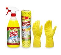 Grease Degreaser Spray Set - Bundled with Elbow Grease Stain Remover for Kitchen, Microwave, Bathroom and Glass (1 Liter) + Non-Scratch, All-Purpose Cleaning Power Cloths (7) and Gloves