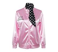 Grease: Rise of the Ladies Pink Women Costume 50s Satin Jacket Halloween Cosplay Costume Pink Jacket (Pink with Neck Scarf, XS)