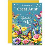 Great Aunt 90th Birthday Card - Happy Birthday - Fabulous at 90 - Pretty Flowers and Butterflies - A5 Size Card with Yellow Envelope