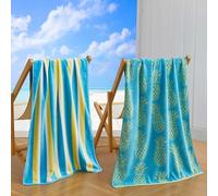 Great Bay Home 100% Cotton Beach Towels | 2 Pack of 30 x 60" Blue Pool Towels for Adults and Kids | Absorbent & Quick Dry Towels (Blue/Yellow Pineapple & Stripe)