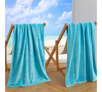 Great Bay Home 100% Cotton Beach Towels | 2 Pack of 30 x 60" Blue Pool Towels for Adults and Kids | Absorbent & Quick Dry Towels (Turquoise/Teal Palm Leaf & Stripe)