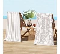 Great Bay Home 100% Cotton Beach Towels | 2 Pack of 30 x 60" Navy Pool Towels for Adults and Kids | Absorbent & Quick Dry Towels (Grey/White Seashells/Stripe)