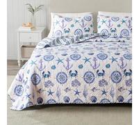 Great Bay Home Bedding Set - 2 Piece Reversible Lightweight Nautical Quilt Comforter with 1 Sham, Twin, All-Season, Beach Bedspreads, Blue Seashell Coverlet, Azure Quilts Collection