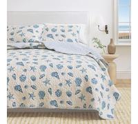 Great Bay Home Coastal Quilt Set - 3-Piece Full/Queen Size Nautical Bedding Set - Lightweight, All-Season, Reversible Coral-Printed Bedspread (Blue Shells)