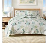 Great Bay Home Coastal Quilt Set - 3-Piece Full/Queen Size Nautical Bedding Set - Lightweight, All-Season, Reversible Bedspread (Fish & Coral)