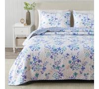 Great Bay Home Floral Twin Quilt Set with Shams, Blue Floral Bedding Set, All-Season, Lightweight Bedspread. Reversible, Farmhouse Bedding. (Twin, April Morning)