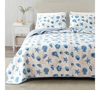 Great Bay Home King Coastal Quilt Bedding Set, Summer Coastal Quilt with Shams, Beach 3-Piece Reversible All Season Bedspread Quilt Set. Lightweight Nautical Quilted Coverlet. Bali Collection, Blue