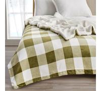 Great Bay Home Sherpa Fleece & Velvet Plush Throw Blanket Buffalo Check, Thick Blanket for Chair, Sofa, or Bed. Warm, Reversible, Soft Blanket. Kinsley Collection, Olive Green Buffalo Check