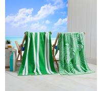 Great Bay Home, Towel, 100% Cotton Large Beach Towel Set of 2 - Palm Beach Towels for Adults and Absorbent Velour Pool Towels - Lightweight Quick Dry Beach Towel Pack, Green Palm & Stripe