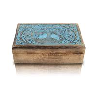 Great Birthday Gift: Handmade Decorative Tree of Life Wooden Keepsake Treasure Chest Trinket Holder Lock Box Watch Box (Blue Wash Finish)