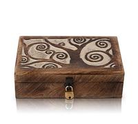 Great Birthday Gift Handmade Decorative Wooden Jewelry Keepsake Box With Tree Of Life Carving & Lock & Key Jewelry Organizer Treasure Chest Trinket Holder Watch Box Storage Lock (White)