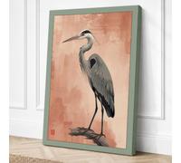 Great Blue Heron Japandi Canvas Wall Art Print 24x16 Inch | Sage