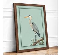 Great Blue Heron Japandi Framed Wall Art Print A4 (29.7×21cm) Walnut, Wall Decor for Living Room, Bedroom, Office & Home, Ready to Hang, Art Gift