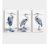 Great Blue Heron Wall Art - Set of 3 Modern Canvas Paintings - Japanese Crane Animal Posters - 16x24 inch - No Frame