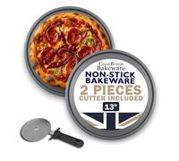 Great British Bakeware Pack of 2 Pizza Trays & Cutter Large 13 Inch (33cm) Non Stick Coating Oven Round Crisper, Pizza Baking Tray, Pizza Trays for Oven Non Stick Made in England