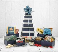 Great British Gift Tower | 7-Tier Luxury Food Hamper with Award-Winning Biscuits, Fudge, Crisps & Tea | Reusable Blue & Silver Boxes