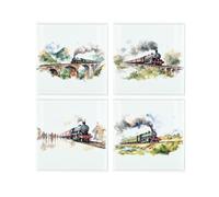 Great British UK Steam Trains Coaster Set - Square Glass Painted Scene Design - Set of Four (4) Coasters