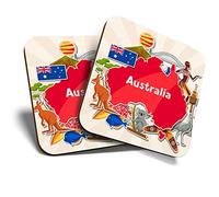Great Coasters (Set of 2) Square/Glossy Quality Coasters/Tabletop Protection for Any Table Type - Australia Travel Map Australian #14730