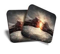 Great Coasters (Set of 2) Square/Glossy Quality Coasters/Tabletop Protection for Any Table Type - Fire Fist Bump Warrior Assault Course #16147