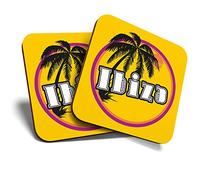 Great Coasters (Set of 2) Square/Glossy Quality Coasters/Tabletop Protection for Any Table Type - Ibiza Sunset Travel Holiday Stamp #7120