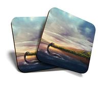 Great Coasters (Set of 2) Square/Glossy Quality Coasters/Tabletop Protection for Any Table Type - Loch Ness Monster Scotland #21799