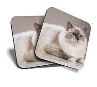 Great Coasters (Set of 2) Square/Glossy Quality Coasters/Tabletop Protection for Any Table Type - Sacred White Birman Cat Kitten #15564