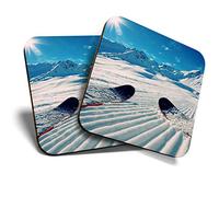 Great Coasters (Set of 2) Square/Glossy Quality Coasters/Tabletop Protection for Any Table Type - Snowy Mountain Ski Piste Skier Skiing #8114
