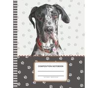 Great Dane Composition Notebook: Wide Ruled / 7.5 x 9.25 Blank Paper / 108 Pages / Stationery Gift for Note Taking - Writing - Doodles / Black And White Dog Art Photo on Paw Print Pattern Theme Cover