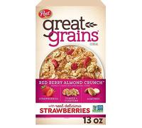 Great Grains Red Berry Almond Crunch Cereal, Strawberry Cereal with Cereal Clusters and Sliced Almonds, GMO Free Project Verified, 370ml Box