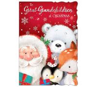 Great Grandchildren Christmas Card - Santa & Friends with Silver Foil 7.5x5.25