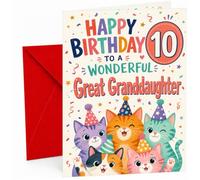 Great Granddaughter 10th Birthday Card Party Cats & Confetti | Large A5 Card with Printed Inside Message; Colourful party-cat with confetti, stars for Great Granddaughter 10th Birthday