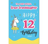 Great Granddaughter 12th Birthday Card - Funky Unicorn - Medium Sized Card (A5 Size -148mm x 210mm) with Envelope
