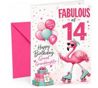 Great Granddaughter 14th Birthday Card Flamingo on Skates | Large A5 Card with Printed Inside Message; Bright pink and teal for Great Granddaughter 14th Birthday