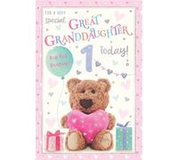 Great Granddaughter 1st Birthday Card - Age 1 - Barley Bear, Balloons and Gifts Embossed with Foil Details - By ICG