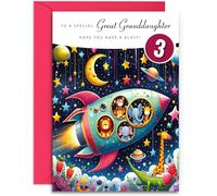Great Granddaughter 3rd Birthday Card - Space Rocket Design for a Special Granddaughter Age 3 with lovely verse inside. A5 with Fuchsia Envelope