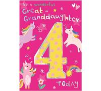 Great Granddaughter 4th Birthday Card - Age 4 - Rainbow Unicorn Design - Special Finishes and Illustrated Insert Leaf - Made in the UK