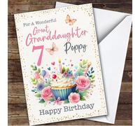 Great Granddaughter 7th Floral Cupcake Custom Personalised Birthday Card - Personalised Birthday Card For 7th Birthday, Custom Birthday Card