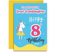 Great Granddaughter 8th Birthday Card - Funky Unicorn - Medium Sized Card (A5 Size -148mm x 210mm) with Envelope