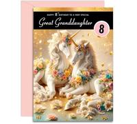 Great Granddaughter 8th Birthday Card - Magical Unicorns Design - Happy Birthday Card for Age 8 Great Granddaughter. A5 with Pink Envelope - Designed and Printed in the UK