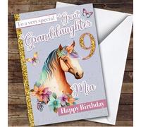 Great Granddaughter 9th Floral Horse Riding Fan Girls Personalised Birthday Card - Personalised Birthday Card For 9th Birthday, Custom Birthday Card